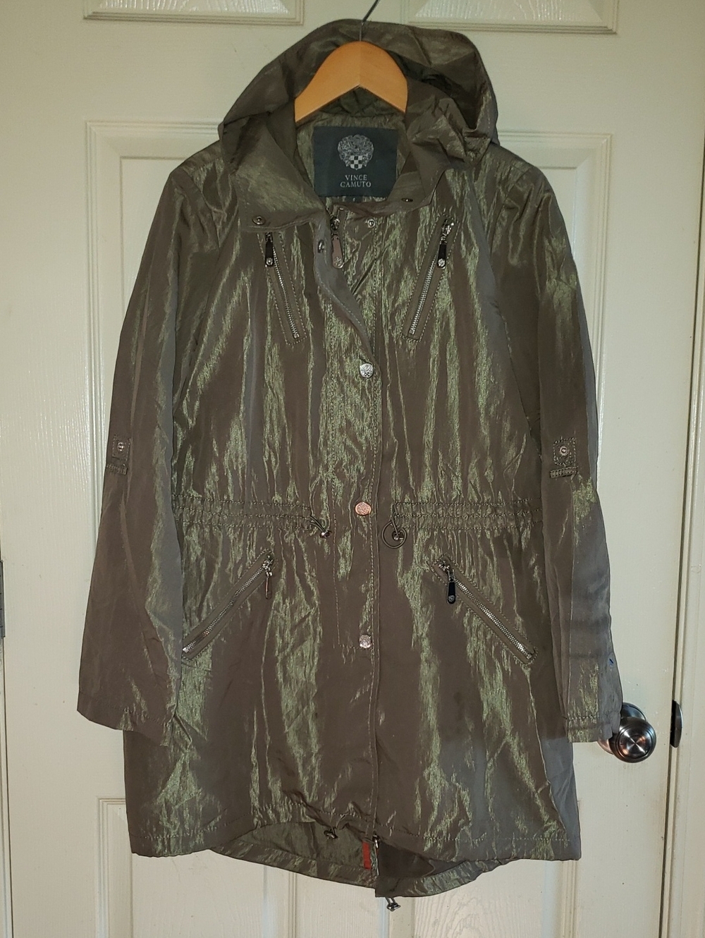 Vince Camuto Shimmer Olive Green Hooded Anorak Utility Jacket